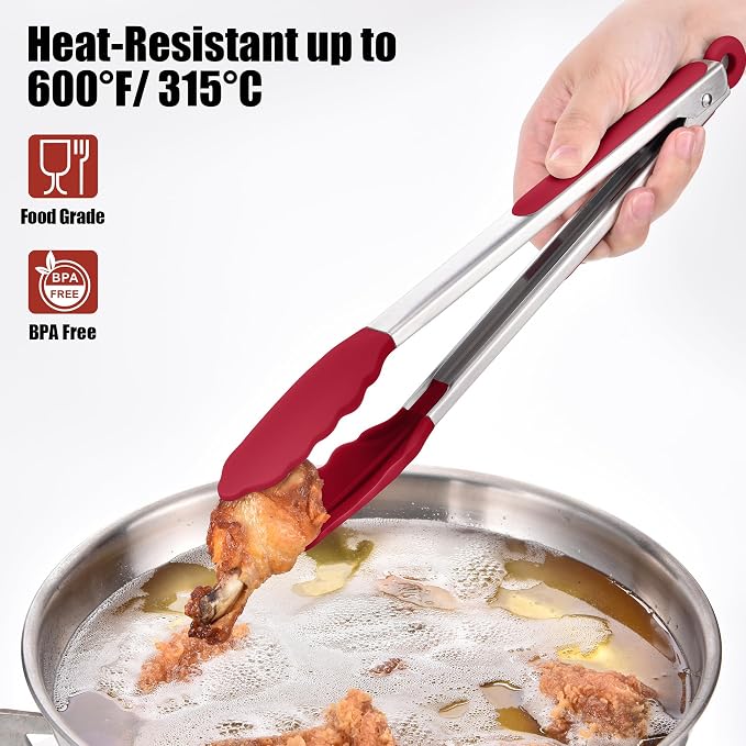 Doosu Kitchen Tongs for Cooking - 600°F Heat Resistant Food Tong Set with Non-Scratch Silicone Tips, Heavy Duty Stainless Steel Locking Tong for BBQ, Grilling Steak, Serving Salad (9+12in, Red)