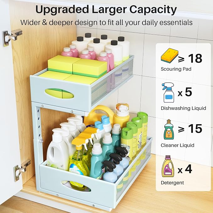 Under Sink Organizer, 2 Pack 2 Tier Pull Out Under Cabinet Organizer Shelf with Pad for Framed Cabinets, Metal Slide Out Under Sink Storage, Mesh Sliding Drawers for Kitchen Bathroom Laundry, Blue