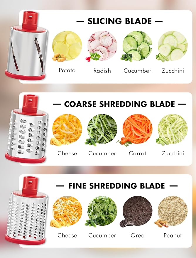 GDL Rotary Cheese Grater, Upgraded 5-in-1 Cheese Grater Hand Crank, Multi-purpose Cheese Shredder with Handle, Vegetable Slicer Cutter Ice Shaver for Potato, Carrot, Nuts, Chocolate