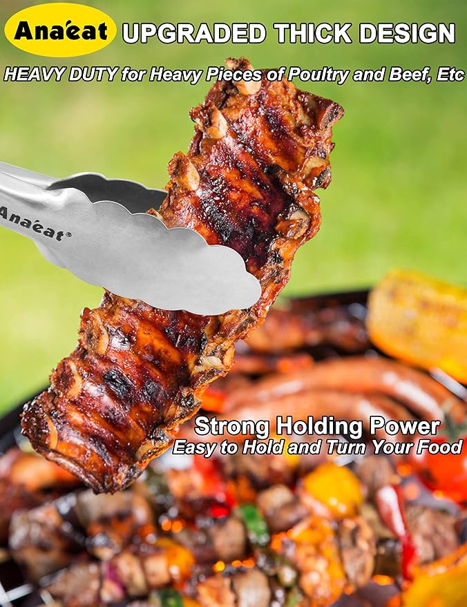 Anaeat Premium Stainless Steel Kitchen Tong, 12" Sturdy Coiled Spring Locking Food Tong with Non-Slip Silicone Grip for Cooking, Baking, Grilling, BBQ - Heat Resistant up to 480°F (Black)