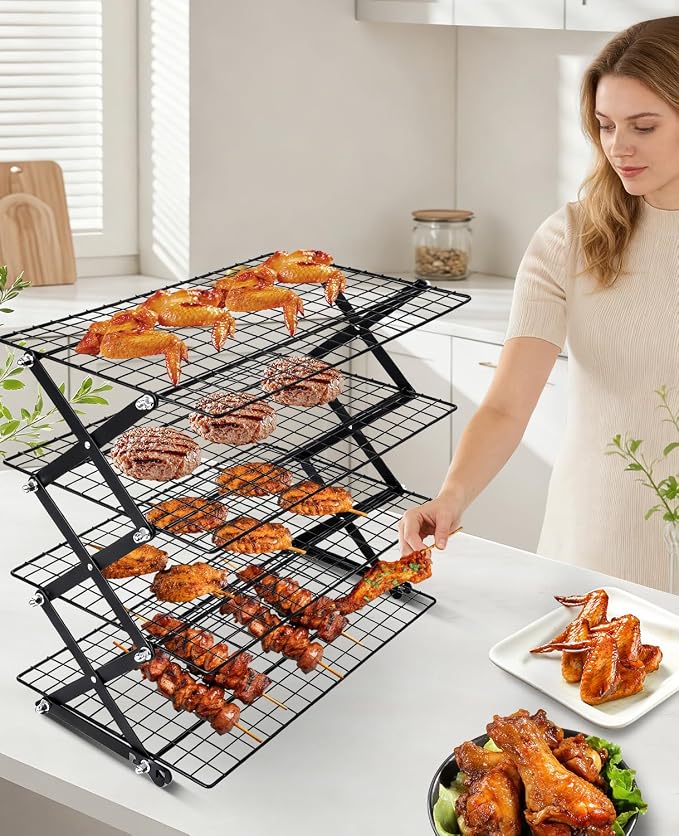 4 Tier Collapsible Cooling Rack, 2/3/4-Tier Upgraded,Adjustable ＆ Stackable Baking Rack, 5 Modes Cooling Racks for Cooking and Baking, Roasting ＆ Grilling Gifts for Picnic Party