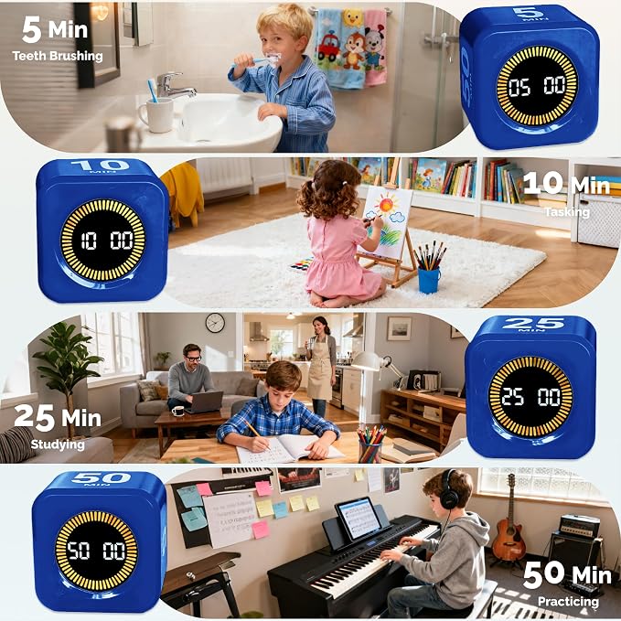 KADAMS Timer Pomodoro - Productivity Pomodoro Cube, 5/10/25/50 Min Countdown & Countup, Silent – for Work Study Workout Kitchen School Classroom Office ADHD Gift Kids (1, Navy Blue)