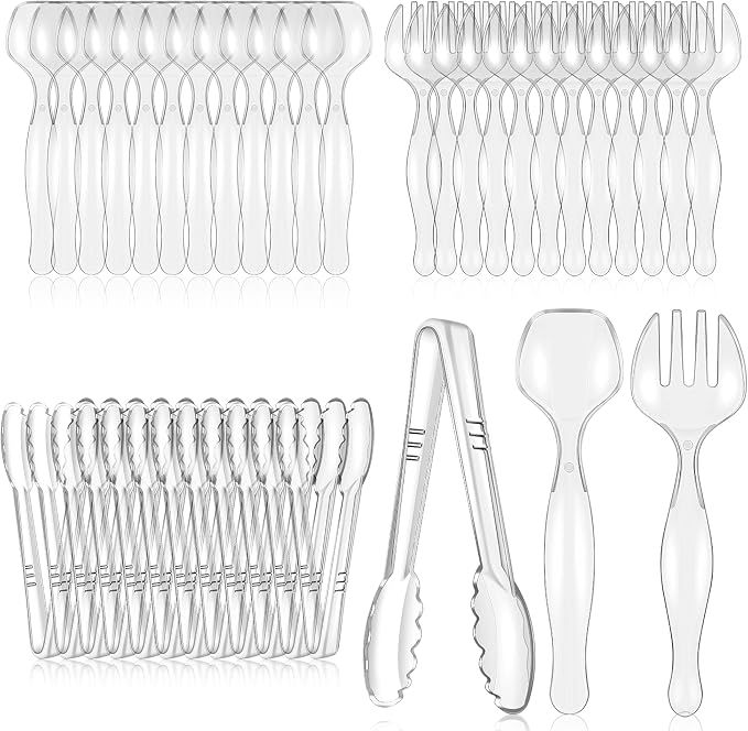 Mwellewm 48Pcs Plastic Serving Utensils Disposable Serving Spoons for Buffet Clear Forks Serving Tongs 8.5'' Heavy Duty Large Party Utensils Supplies for Restaurant Food Dinner Salad Noodles Soup