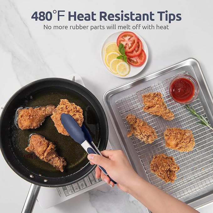 480ºF Heat Proof Kitchen Tong: U-Taste 7" Silicone Cooking Tong with Firm Sealed Non Stick Rubber Tips & Silicon Coated 18/8 Stainless Steel Handle & Smooth Locking for Serving Salad (Midnight Blue)