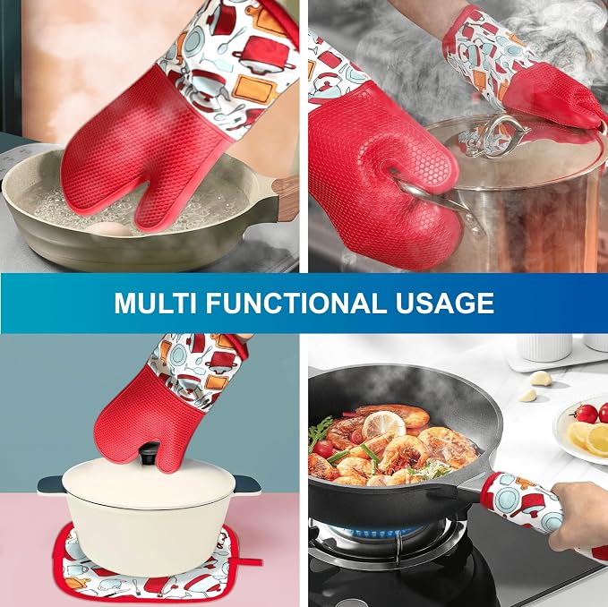 LYART Heat Resistant Silicone Oven Gloves, Non-Slip Oven Mitts with Cotton Lining, Pot Holders and Hot Pads for Kitchen Baking Cooking BBQ (Red, 1 Pair)