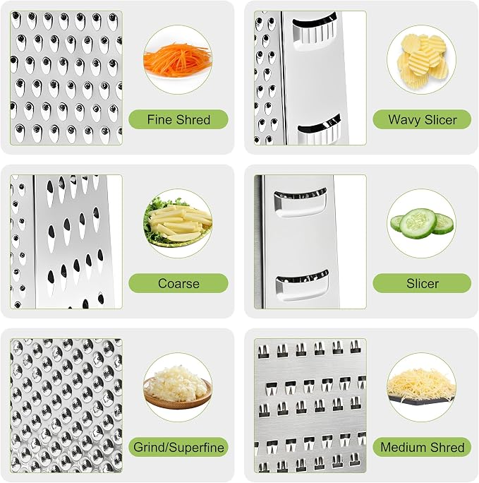 Box grater for kitchen 6 Sided - Cheese Graters Handheld, Stainless Steel Shredder for Food Vegetable Carrot Potato Tomato (Green)