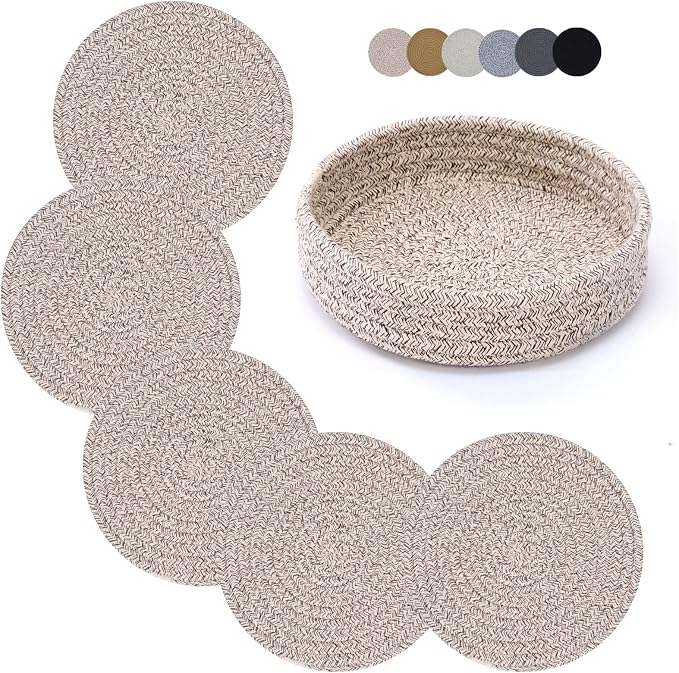 Coga Trivets for Hot Dishes, 5 Pack 7 Inch Cotton Hot Pads for Kitchen with Storage Basket, Round Pot Holders for Kitchen, Heat Resistant Mats for Countertop, Pots and Pans, Farmhouse Decor, Brown