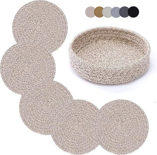 Coga Trivets for Hot Dishes, 5 Pack 7 Inch Cotton Hot Pads for Kitchen with Storage Basket, Round Pot Holders for Kitchen, Heat Resistant Mats for Countertop, Pots and Pans, Farmhouse Decor, Brown