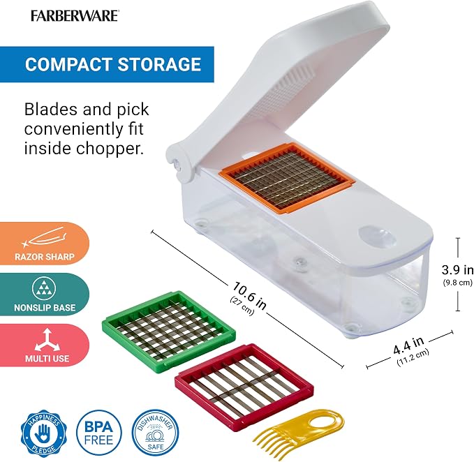 Farberware Professional Large Vegetable Chopper with 3 Interchangeable Blades - Manual Onion Chopper, Food Dicer for Potatoes, Tomatoes, Peppers, Garlic - Stainless Steel, Dishwasher Safe