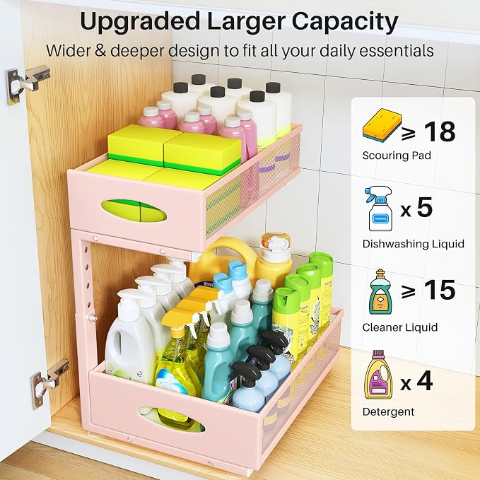 Under Sink Organizer, 2 Tier Pull Out Under Cabinet Organizer Shelf with Pad for Framed Cabinets, Metal Slide Out Under Sink Storage, Mesh Sliding Drawers for Kitchen Bathroom Laundry(Pink, 1 Pack)