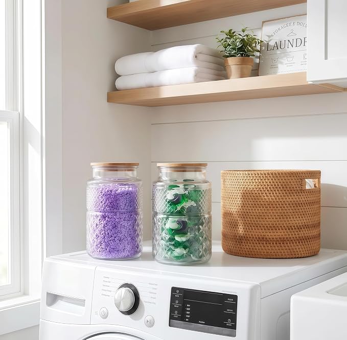 60 FL OZ/0.5 Gal Vintage Glass Storage Jar with Airtight Lid Set of 2 | Kitchen Pantry Thick Glass Container for Flour Sugar Cookie Coffee Laundry Pods, Wide Mouth Opening and Airtight Bamboo lid