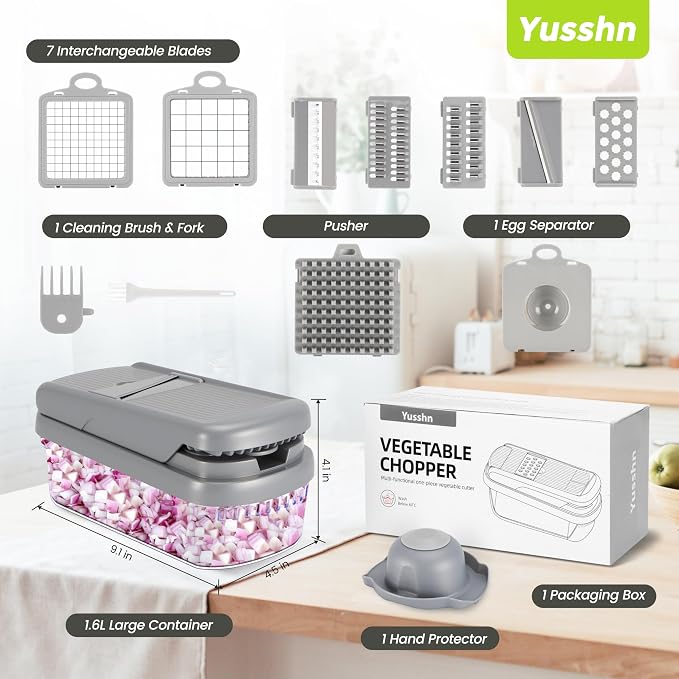 Vegetable Chopper,12-in-1 Multifunctional Food Chopper,Professional Onion Chopper with 7 Blades,Vegetable Cutter with Container for Salad,Potato,Carrot,and Garlic Essential Kitchen Tool (Silver gray)