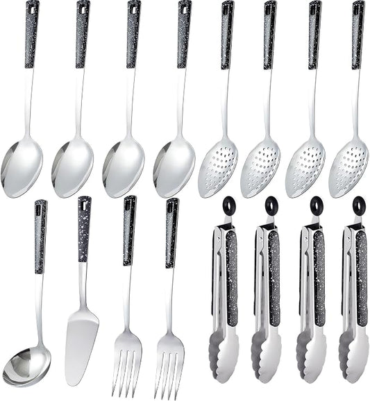 16-Piece Stainless Steel Buffet Serving Set | Premium Serving Utensils with Heat-Resistant Handles for Family Gatherings, Parties, Catering & Holiday Meals