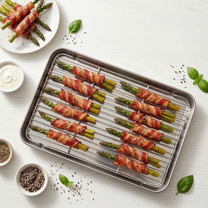 Homikit Half Baking Sheet with Wire Cooling Rack (1 Pan+1 Rack), Nonstick | 18x13 Inch Stainless Steel Cookie Sheets for Baking, Large Baking Pan with Grid Set, Metal Bacon Tray, Oven & Dishwasher Safe