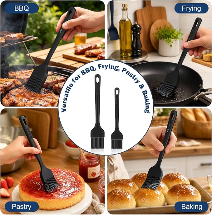 Silicone Basting Brush Set, 2-Pack Food-Grade BPA-Free Pastry Brush, 446°F Heat Resistant with Reinforced Inner Core, One-Piece Design for BBQ, Grilling, Baking, Butter, Marinades & Oil (Black)