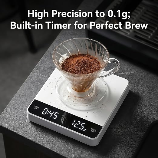Partyreal Digital Kitchen Coffee Scale，Slim Scale with Tare, g/oz/ml Units, Backlit Display, USB-C Rechargeable (Cable Included) + AAA Backup Power White