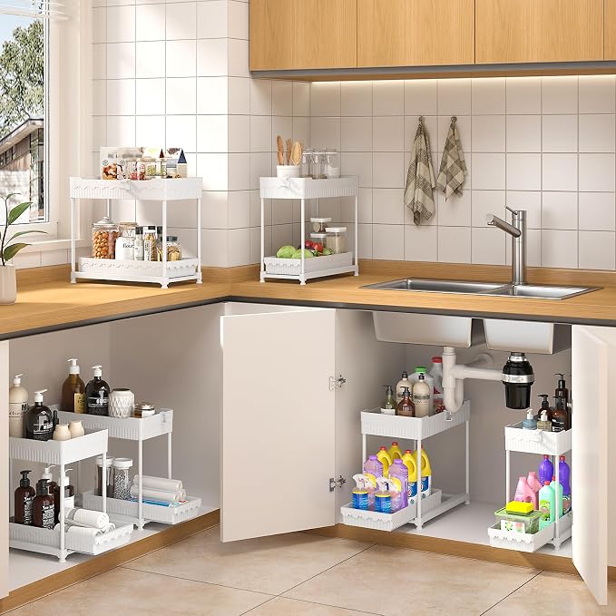 4-Pack 2-Tier Under Sink Organizer with Pull Out Drawers | Multi-use kitchen & bathroom storage. Includes hanging hooks and cups. White, space-saving cabinet design. 12.8 Inch