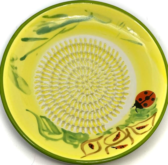 BonCera, All-in-one Premium Ceramic Garlic Grater Plate 4-Piece Set - Ladybug Design, Classic Style - For Garlic, Ginger, Chocolate, and more! - Comes with 5.25" Plate, Peeler, Brush, and Stand