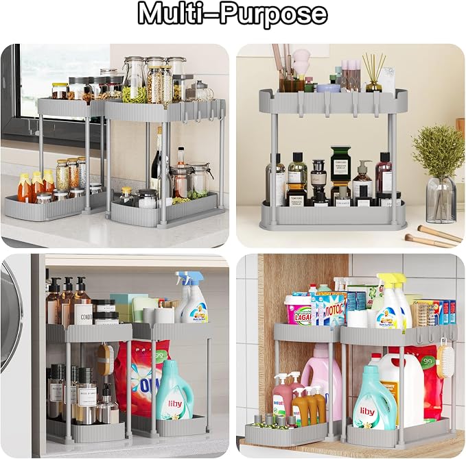 2 Packs Under Sink Pull-Out Storage Organizers, 14.8 Inches, Grey | Multi-Purpose Cabinet Organizers and Storage for Bathroom & Kitchen