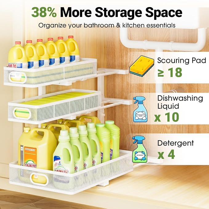 Under Sink Organizer 3 Tier, 2 Pack L-Shaped Pull-Out Cabinet Organizer with Sliding Metal Mesh Drawers, Height Adjustable Under Sink Storage Rack for Kitchen Bathroom Cabinet, White