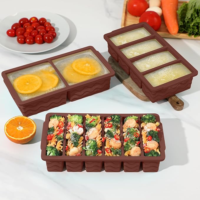 3-Pack Silicone Freezer Trays with Lid,2 Large 2-Cup(500ml)&4 Medium 1-Cup(250ml)&6 Small 1/2-Cup(125ml) Soup Freezer Container Molds,Ice Cube Tray For Meal Prep&Freezing Soup,Stews,Sauces (Iron Red)