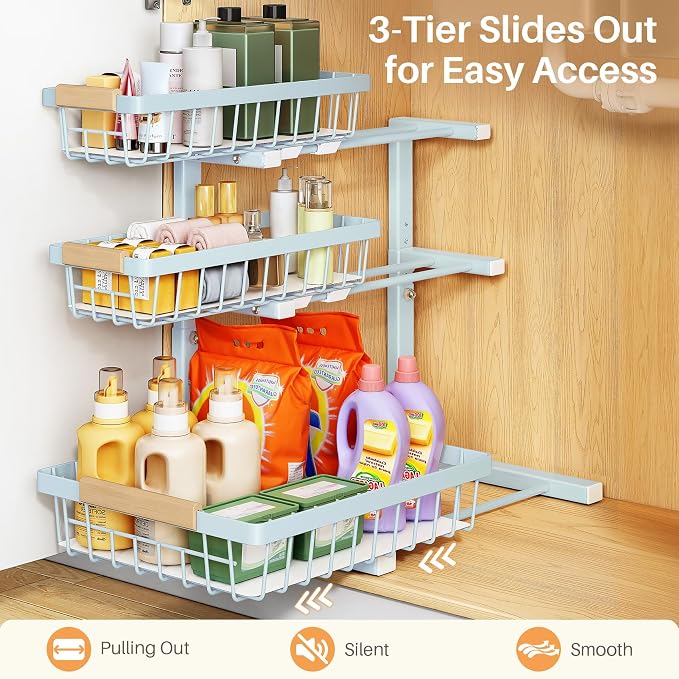 PXRACK Under Sink Organizer, 2-Pack 3-Tier Height Adjustable Thickened Metal Pull out Cabinet Organizer Shelf, Slide out Storage Drawer Rack for Bathroom Kitchen Pantry Home Organization, LightBlue