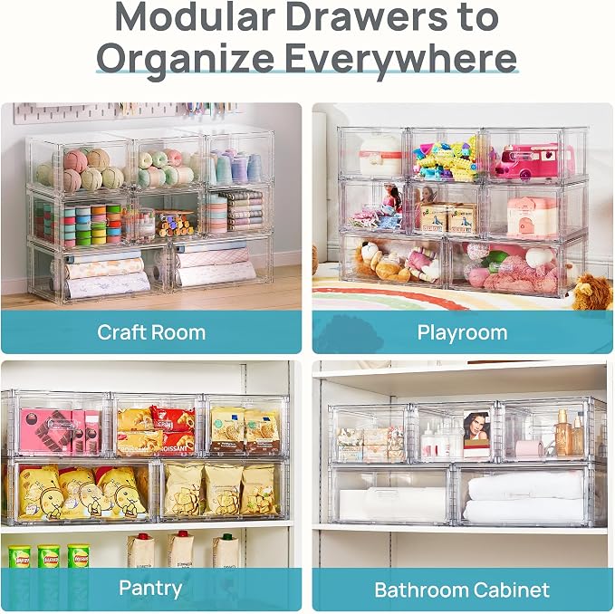 Vtopmart 4 Pack Clear Stackable Closet Storage Drawers 15QT, Medium | Easily Assemble Closet Organizers,Plastic Storage Bins for Bathroom,Cabinet,Kitchen Pantry,Under Sink Organization