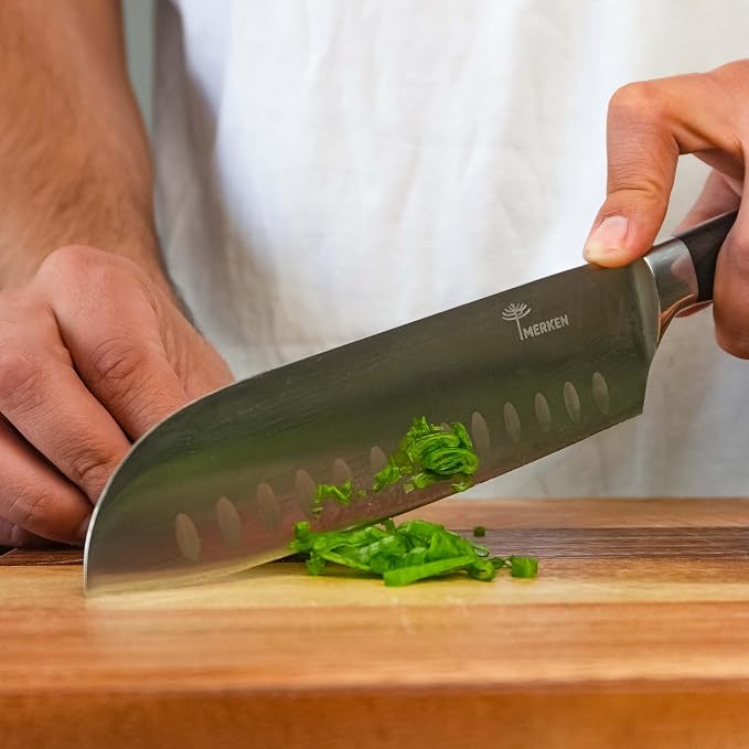 MERKEN Santoku Knife 7 Inch Japanese Multipurpose Kitchen Knife, Pakkawood Handle