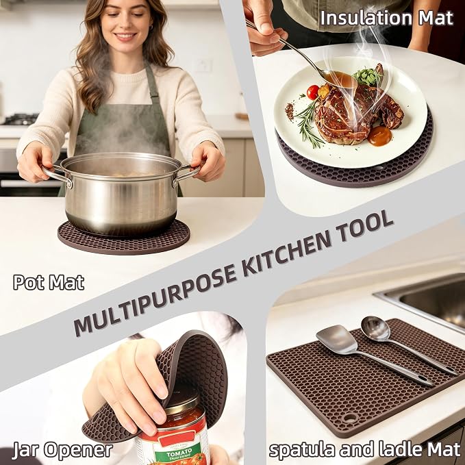 TWTLi Silicone Trivets for Hot Dishes, Set of 4 Trivet Mats, Heat Resistant Hot Pads for Kitchen Countertops, Non-Slip Honeycomb Pot Holders & Counter Protectors for Hot Pots & Pans (Coffee)