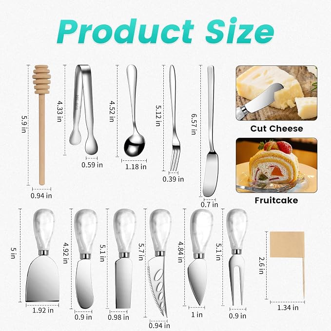 Marble Ceramics Charcuterie Accessories, Cheese Spreader Knive Set for Ceramics Silver Handle Butter knives, Mini Cheese Knife Kit Slicer With Tongs, Spoons, Forks,Honey Dipper (23 Pack)