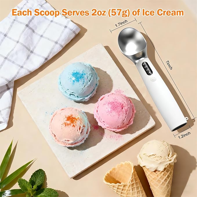 Heated Ice Cream Scoop - 3 Temp Settings Electric Warming Scooper, Rechargeable USB-C Fast Charge with LED Display, IP67 Waterproof Head for Hard Ice Cream/Gelato, Easy to Clean - White