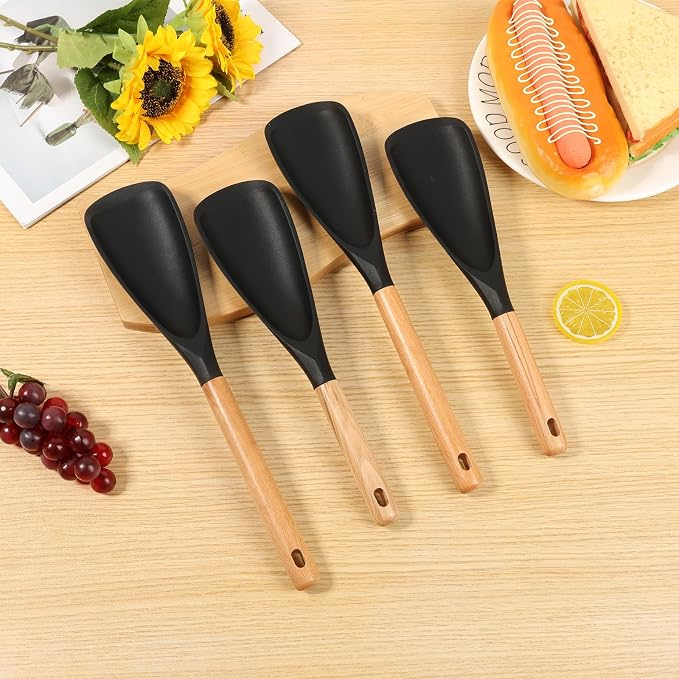 8Pack Silicone Cooking Spoons, Wooden Handle Spatula Spoon for Non-Stick Cookware, Black 4 Large 4 Small Heat Resistant Kitchen Utensils for Stirring, Scooping, Scraping, Dishwasher Safe