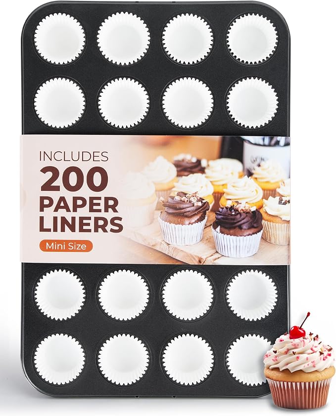 CARTMAN 24-Cup Mini Muffin Pan, Nonstick Carbon Steel Mini Cupcake Tin | Includes 200 paper liners, 24-cup nonstick carbon steel, oven safe 450°F, ideal for egg bites, mini cupcakes & brownies
