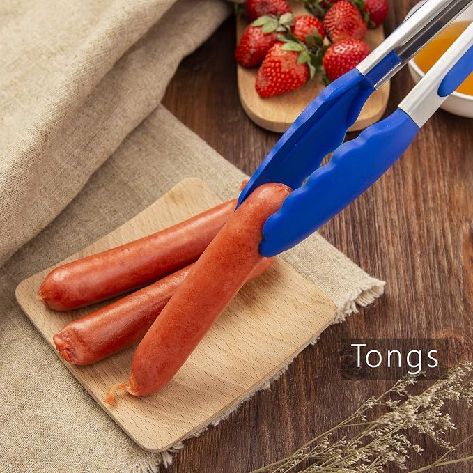 Set of 9: 3 Heavy Duty, Non-Stick, Silicone Tongs (12, 9, 7 inches) Plus 3 Silicone Coated Wire Whisks (11,10,8 inches) and 3 Silicone Spatulas (11,8,8 inches) (Multicolor)