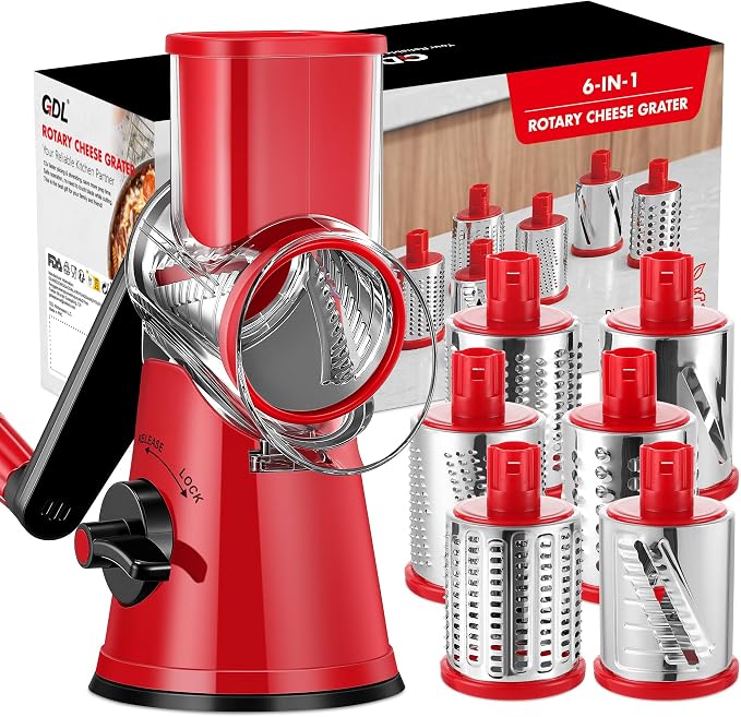 GDL Cheese Grater Hand Crank - Upgraded 6-in-1 Cheese Grater with Handle and Strong Suction Base, Multi-purpose Cheese Shredder Vegetable Slicer Ice Shaver for Potato, Vegetables, Nuts, Chocolate