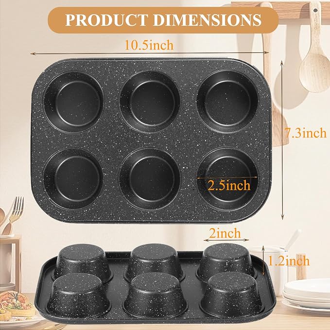 Walooza Nonstick 6-Cup Muffin Pan, Carbon Steel Cupcake Baking Tray, Small Cheesecake Pan for Toaster Oven, Easy Clean & Dishwasher Safe