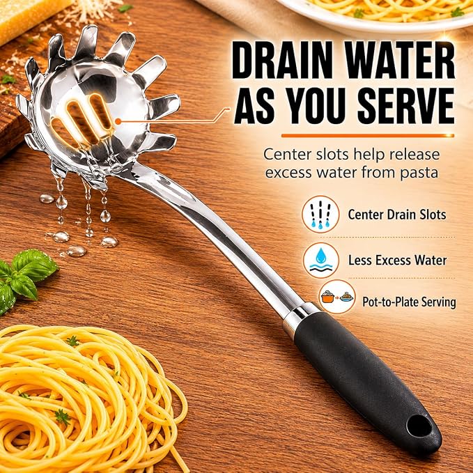 Stainless Steel Pasta Spoon, Spaghetti Server with Teeth, Metal Pasta Fork for Noodles, Linguine, Fettuccine and Macaroni, Dishwasher Safe