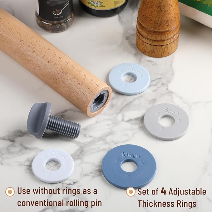 BAMBOO LAND- Adjustable Rolling Pin with Thickness Rings, 13.8", 4 Rings | 2-10 mm / 1/16"-3/8", Wood Rolling Pins for Baking Bread, Pizza, Doughs
