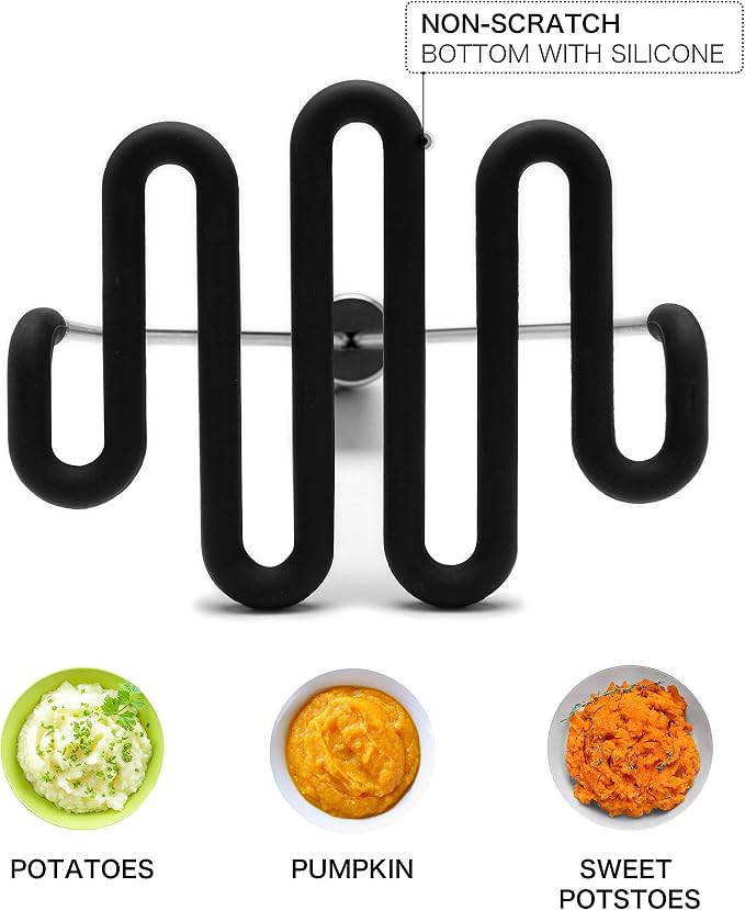 Jell-Cell Potato Masher - Silicone Protect Body with Premuim Stainless Steel Non-Scratch Cookware for Smooth Mashed Potato Vegetables and Fruits Color Black