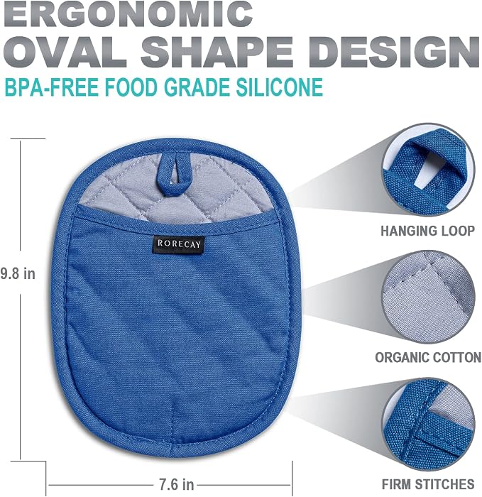 RORECAY 2-Pack Silicone Pot Holders for Kitchen, Hot Pads with Pocket, Blue | Heat Resistant up to 500°F, Quilted Cotton Potholders, Non-Slip & Waterproof Trivets for Hot Pots, Pans, and Countertops