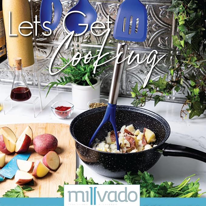 Millvado Potato Masher, Strong Stainless Steel Handle with Heavy Duty Plastic Base, 11.5 Inch Blue Mashed Potatos Masher, Hand Smasher for Vegtables