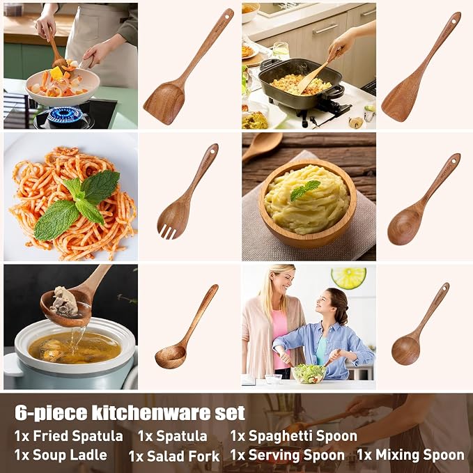 Wooden Spoons - Wooden Spoons for Cooking,Natural Wooden Kitchen Utensils Set Non Toxic,6-Piece Wooden Cooking Utensils(A06)
