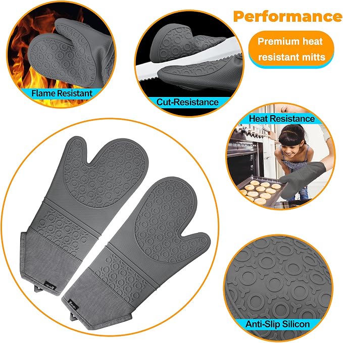 Oven Mitts and Hot Pads Sets, 8Pcs Extra Long Silicone Oven Gloves with Non-Slip Heat Resistant Hot Trivet Mats and Cooking Pinch Mitts Pot Holders Set for Baking Cooking, Grey