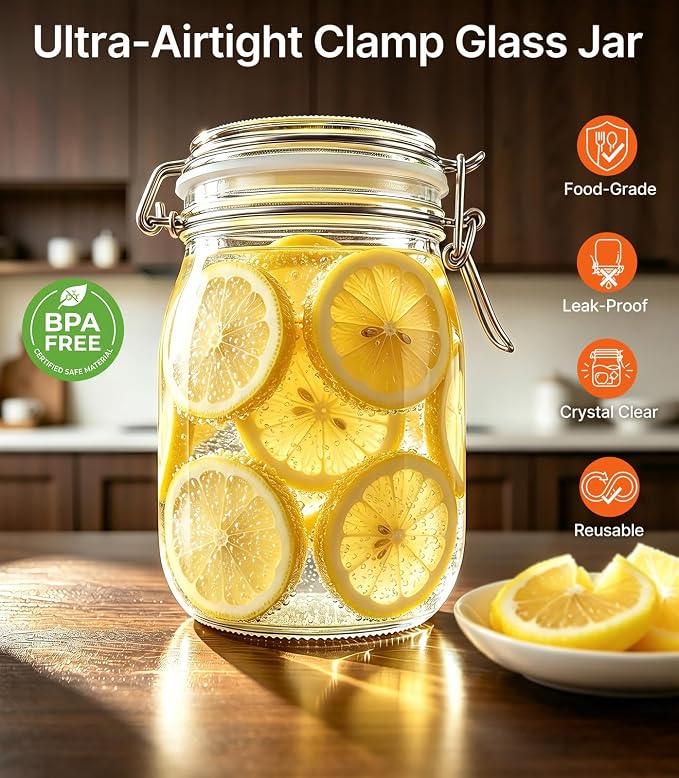 17oz Glass Storage Jars with Airtight Lids, 6 Pack - Wide Mouth | Food-Grade Glass Canisters & Pickling Jars for Pantry, Overnight Oats & Flour. Stainless Steel Clamp & 2.8mm Silicone Seal