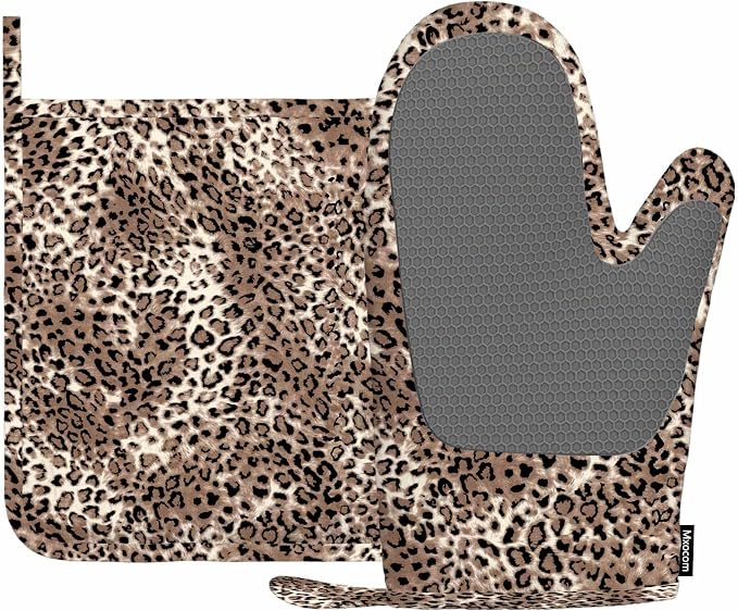Mxocom Striped Leopard Oven Mitts and Pot Holders Sets Animal Skin Silicone Heat Resistant Kitchen Oven Gloves Pot Holder for Cooking