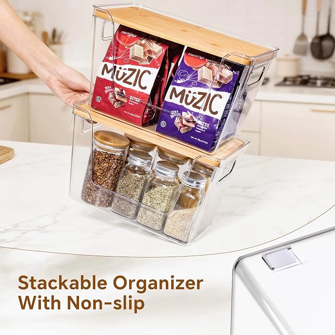 4 Set Pantry Organizers and Storage with Bamboo Lids, Stackable Clear Bins for Onion, Potato, Fruit, Vegetables, Trash Bag Dispenser, Kitchen and Under Sink Organizer