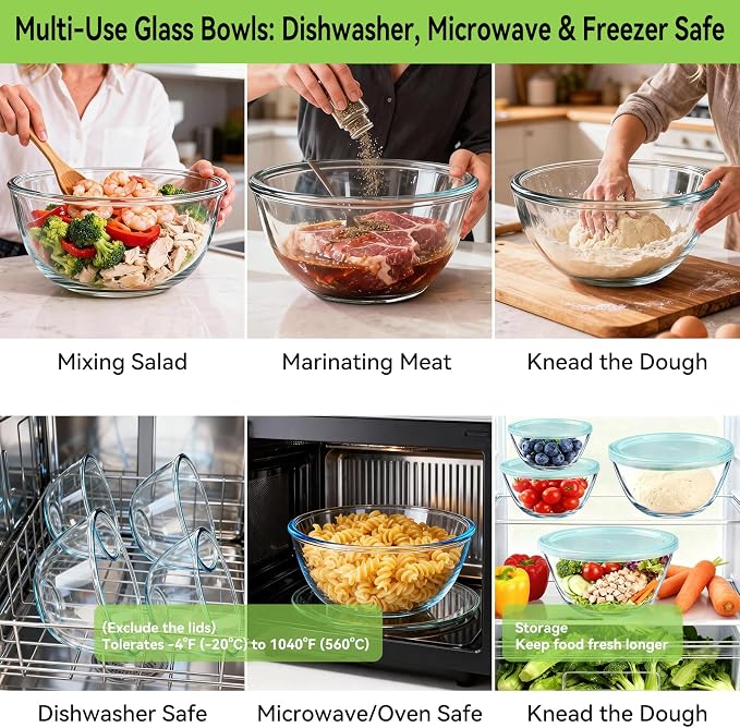 YUANYE 4 Pack Glass Mixing Bowls with Lids Set (3QT/1.7/0.9/0.6QT),Thick Glass Large Salad Bowl Set, Nesting Kitchen Bowls for Serving, Prepping, Cooking and Baking, Dishwasher, Oven,Microwave Safe