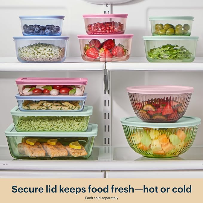 Pyrex Colors (3-Pack, Medium) Tinted Glass Round Food Storage Container Set | Meal prep containers (2, 4 & 7 cup) with snug fit plastic BPA-free lid, freezer, dishwasher, & microwave safe