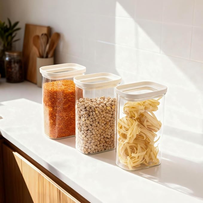 Glass Food Storage Jar with Glass Lid in Ractangle Shape, Food Canister Set with Airtight Lids, Pantry Storage Jar for Kitchen Organization. Food Storage Containers in Pack of 3, 40oz.