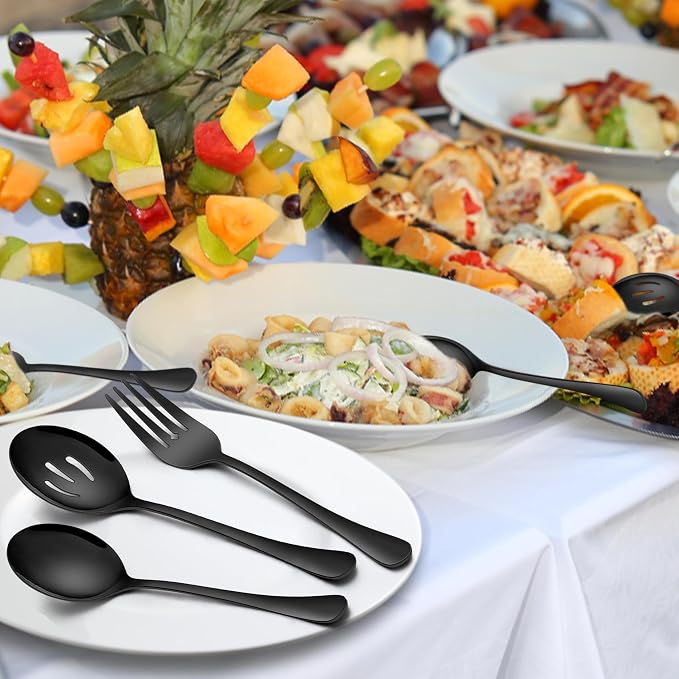 Homikit Large Black Serving Spoons Forks Set of 6, Stainless Steel Serving Utensils for Catering Buffet Banquet Party Kitchen Restaurant, 9.8 Inch Big Metal Hostess Set, Dishwasher Safe